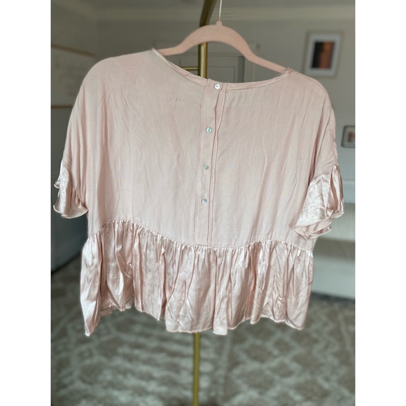 Zara Blush Ruffle Peplum Top Satin Feminine Coquette Romantic Flowy Bachelorette - Picture 3 of 6